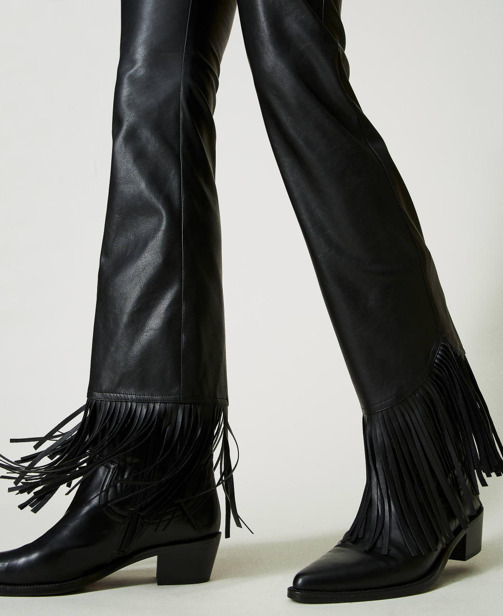 Leather-like trousers with fringes Black Woman 241AP2572_00006_05
