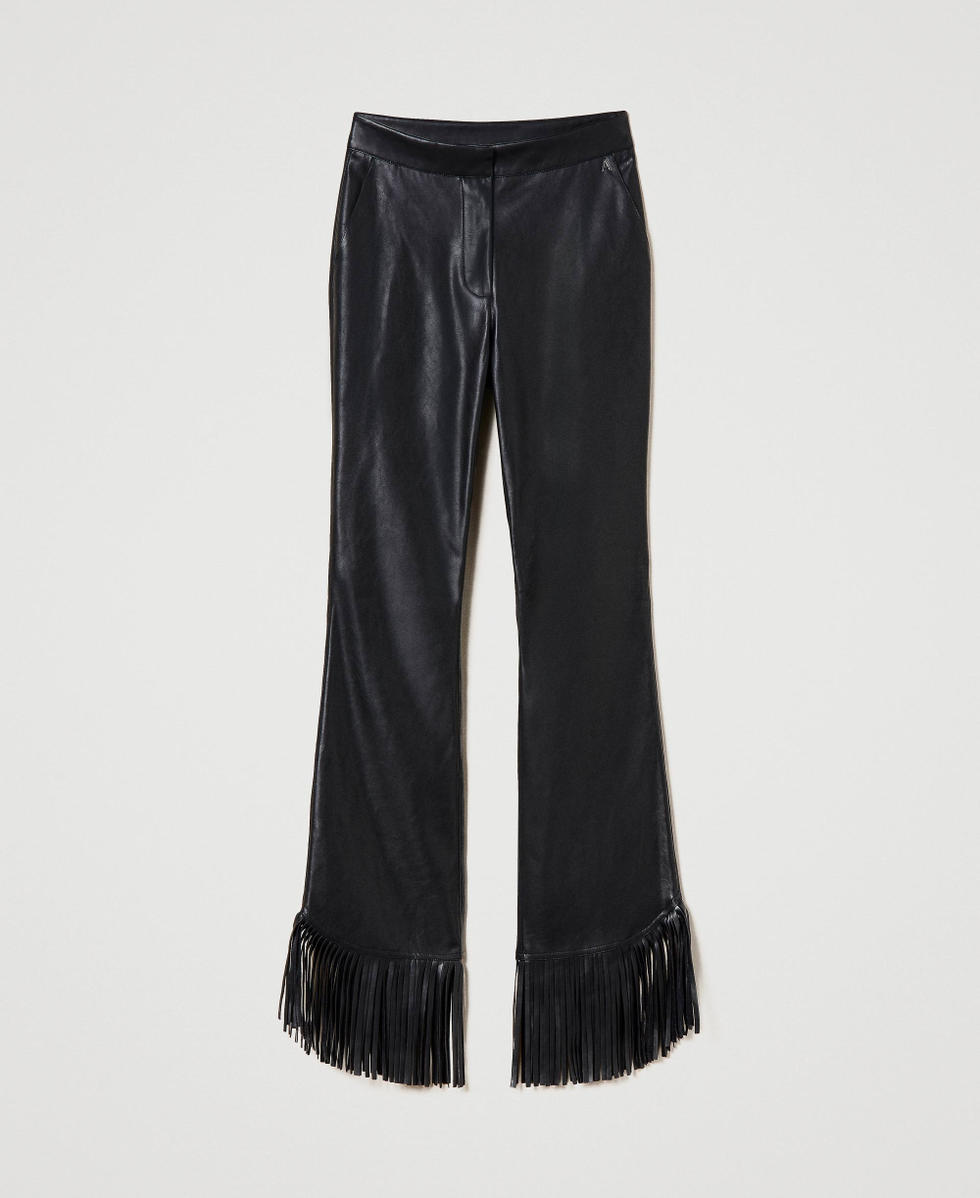 Leather-like trousers with fringes Black Woman 241AP2572_00006_S0