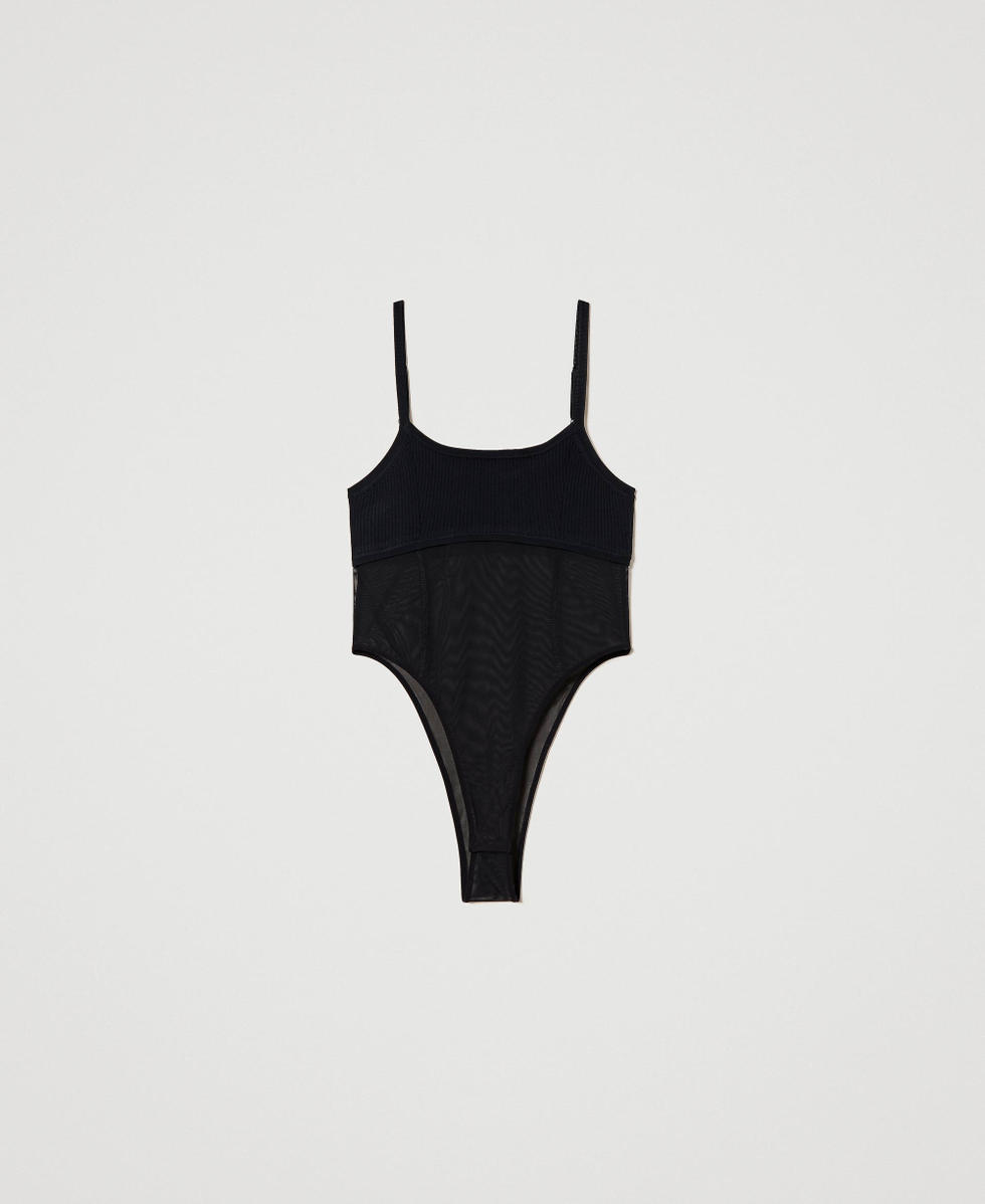Ribbed bodysuit with tulle Woman, Black