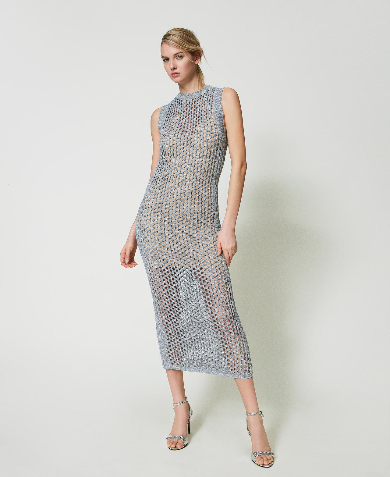 Long lurex mesh dress Silver Woman 241AP3161-02