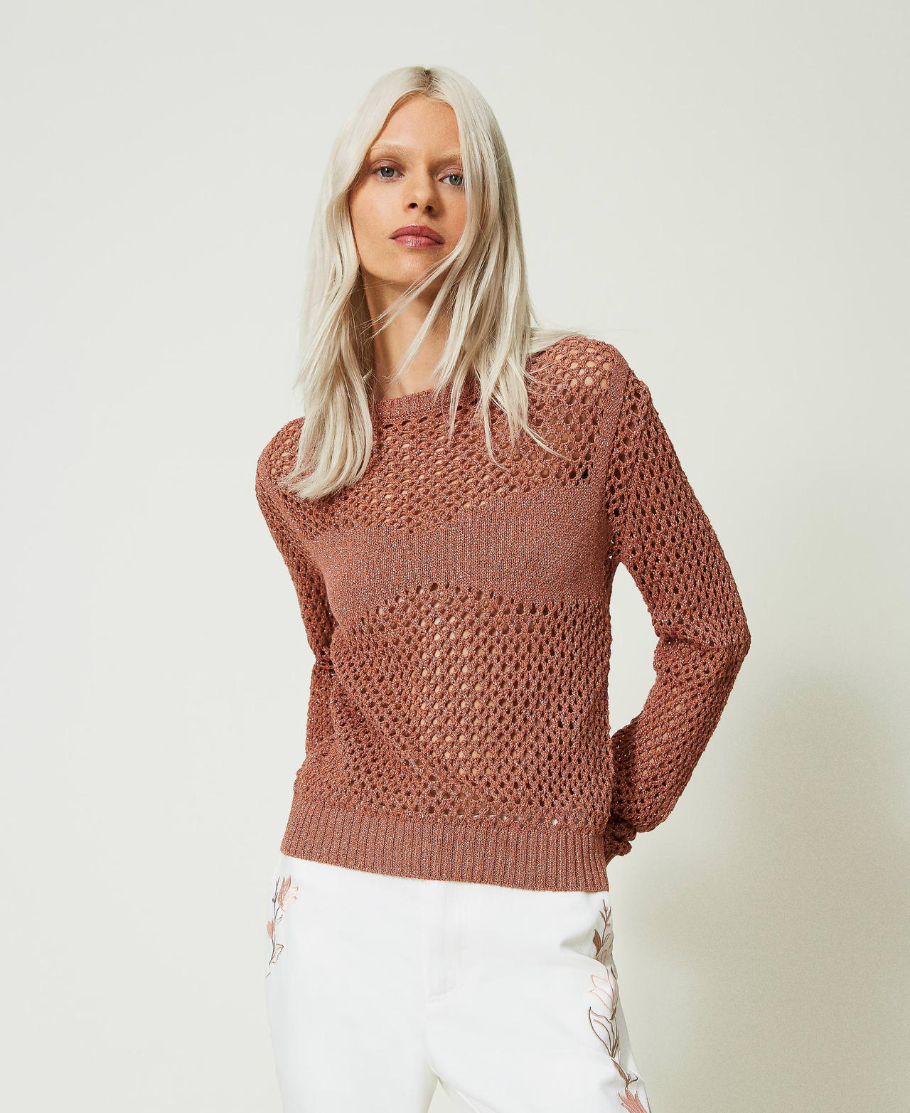 Lurex mesh jumper “Macaroon” Brown Woman 241AP3210-02