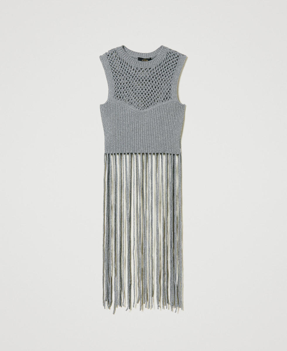 Lurex mesh top with fringes Woman, Silver | TWINSET Milano