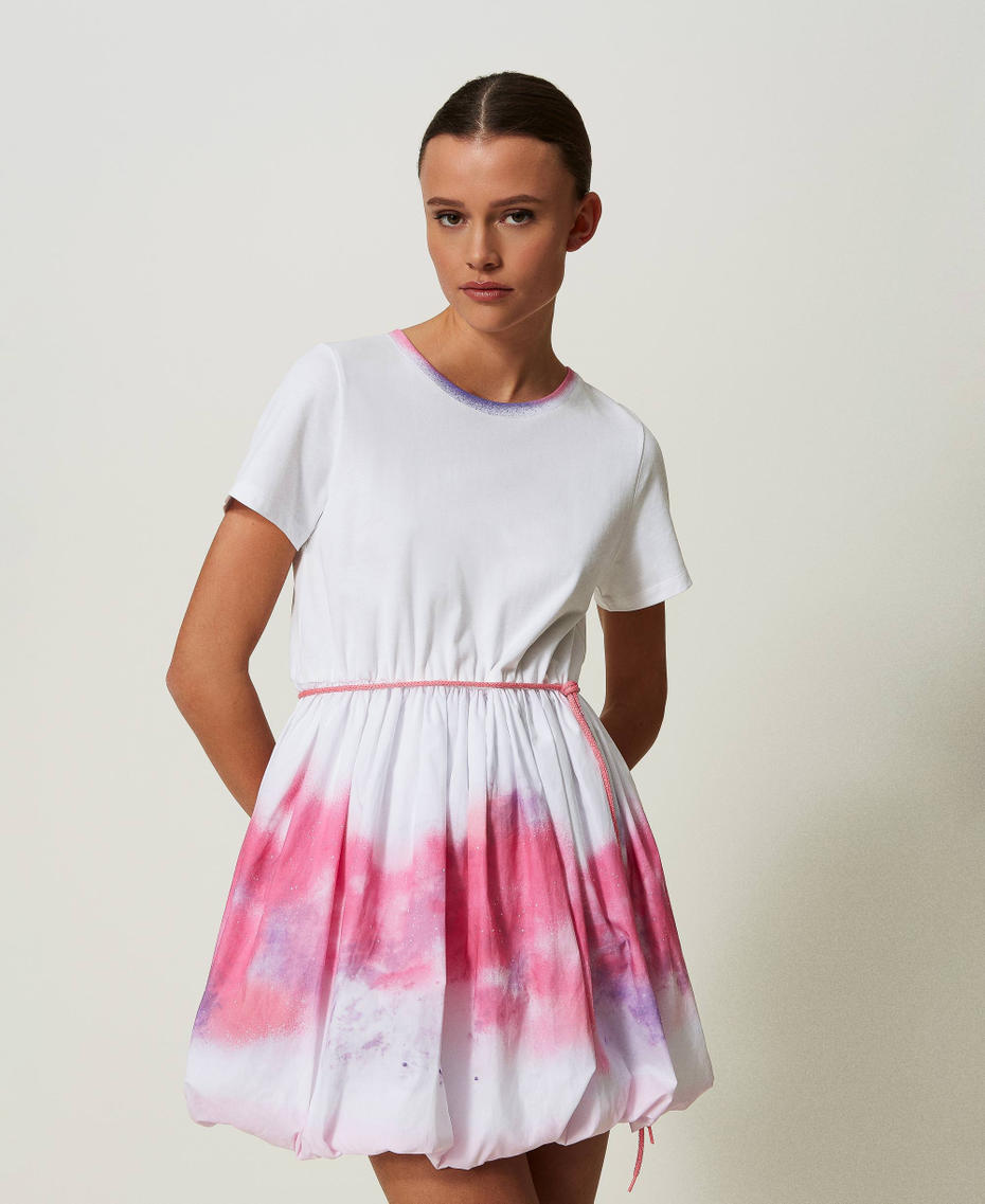 Short printed poplin MYFO dress Two-tone “Papers” White / Shaded Print Woman 241AQ2033-01