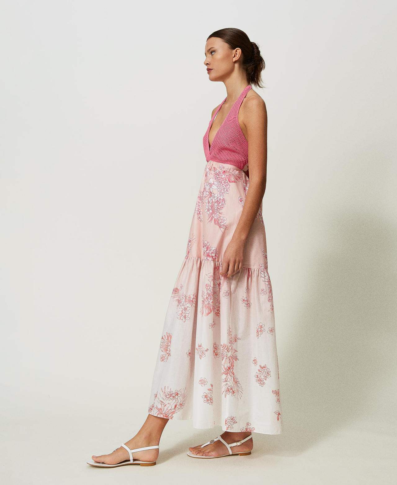 Robe longue MYFO en mousseline et maille crochet