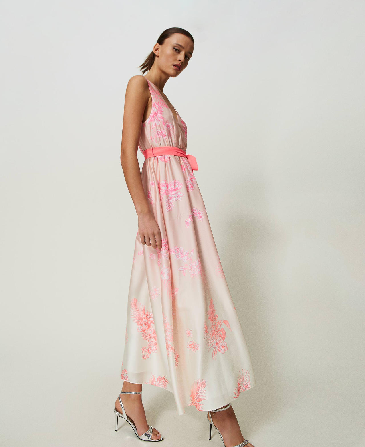 Long MYFO satin dress with fadeout print Shaded Flowers Neon Print Woman 241AQ2042-02