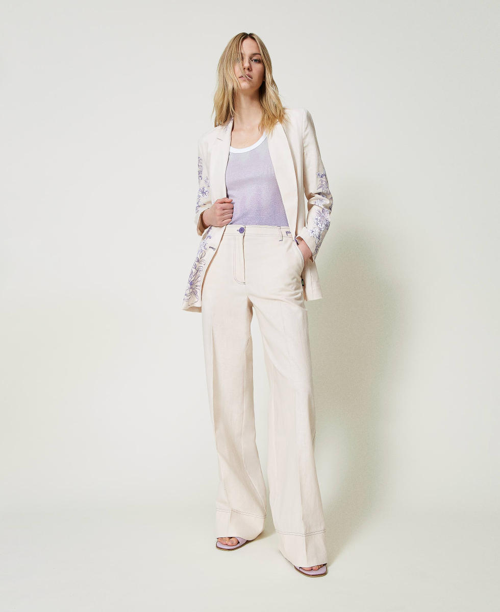 MYFO printed linen blend palazzo trousers Royal Purple Toile De Jouy Print Woman 241AQ2061_11596_02