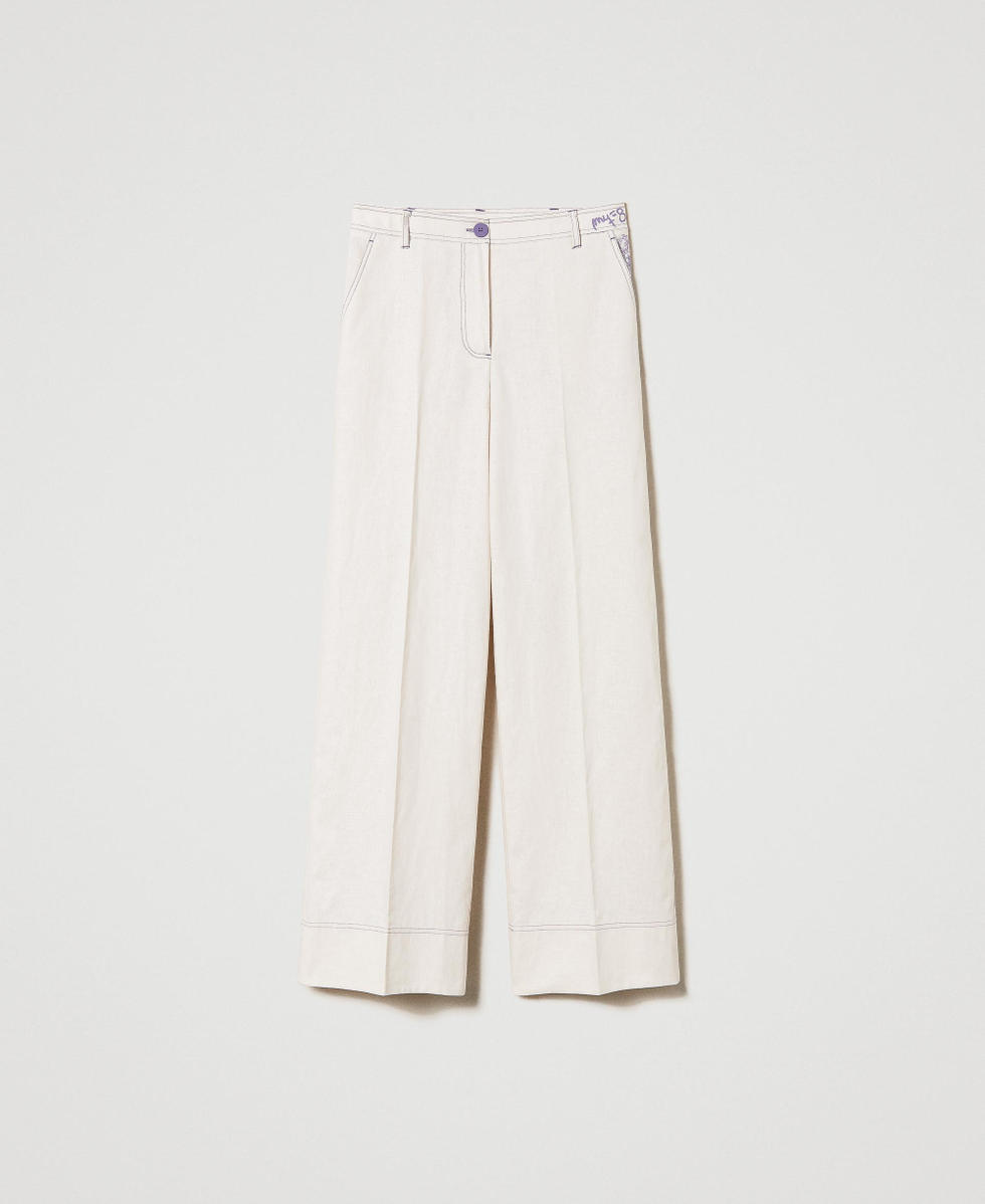 MYFO printed linen blend palazzo trousers Royal Purple Toile De Jouy Print Woman 241AQ2061_11596_S0