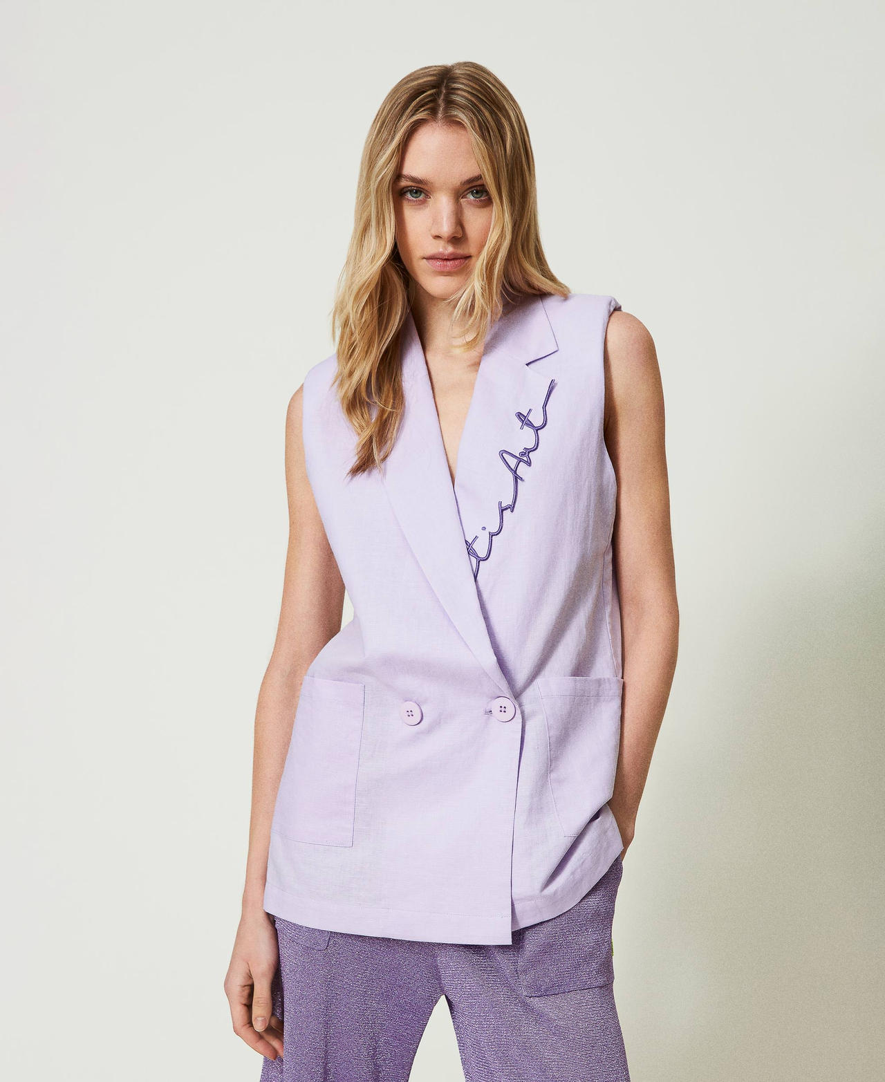 MYFO embroidered linen blend waistcoat Pastel Lilac Woman 241AQ2070_03357_02