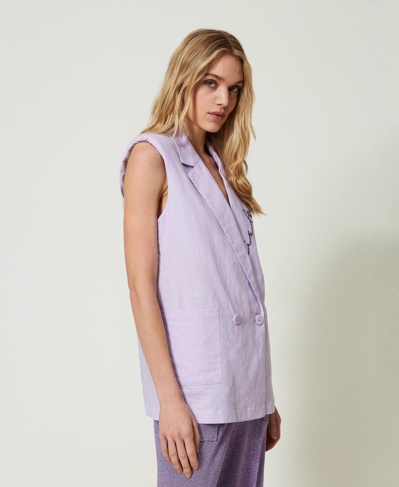 MYFO embroidered linen blend waistcoat Pastel Lilac Woman 241AQ2070_03357_03