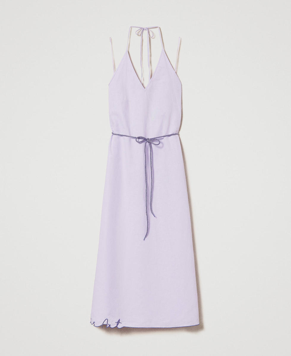 Long MYFO embroidered linen blend dress Woman, Purple