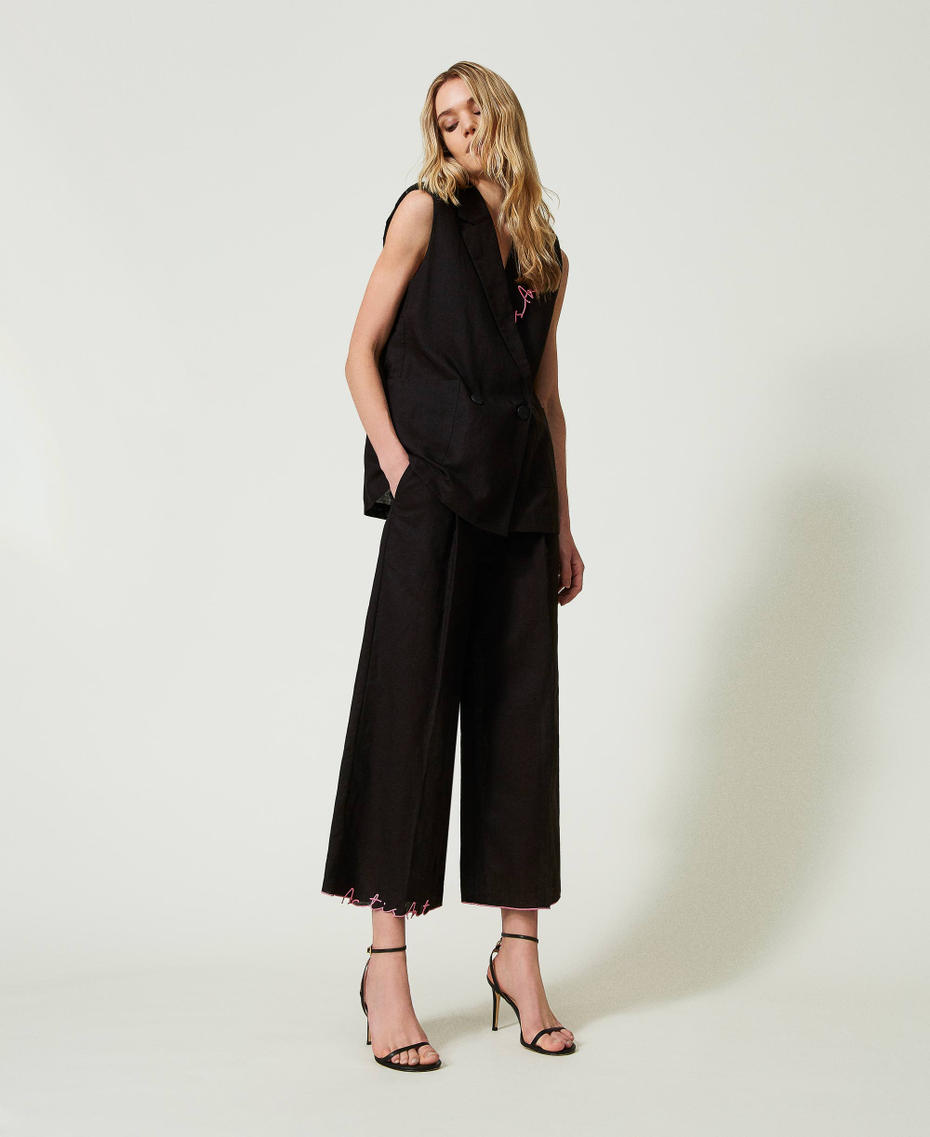 Укороченные брюки MYFO из смесового льна с вышивкой Черный женщина 241AQ2074-01