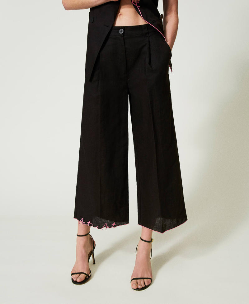 Укороченные брюки MYFO из смесового льна с вышивкой Черный женщина 241AQ2074-02