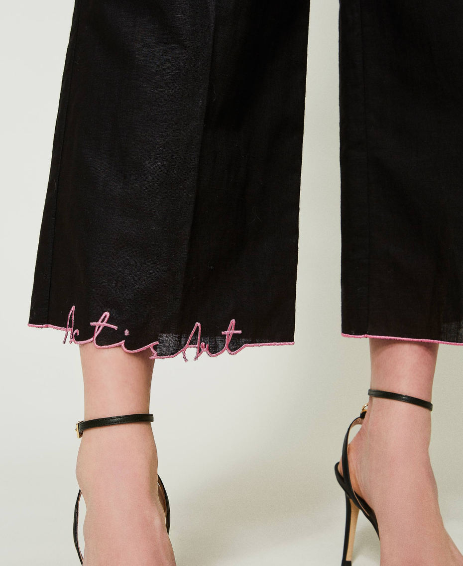 Укороченные брюки MYFO из смесового льна с вышивкой Черный женщина 241AQ2074-04
