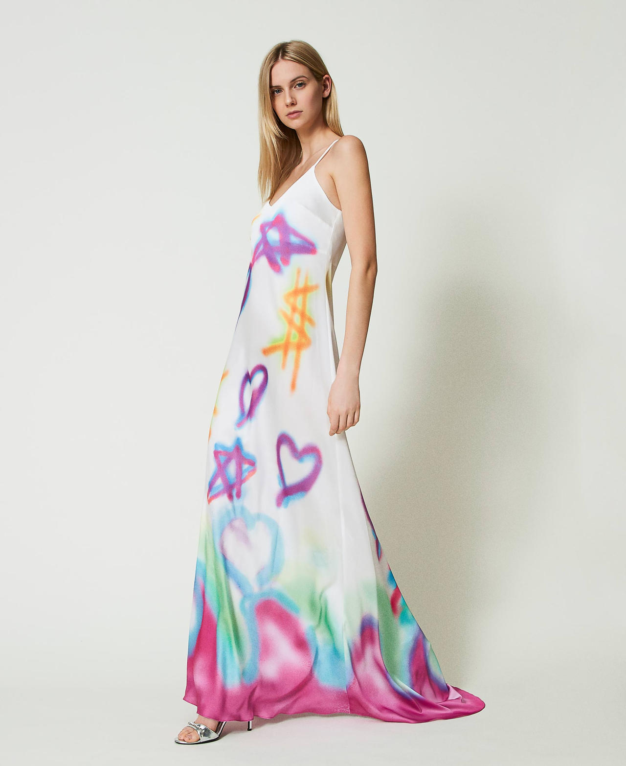 Long MYFO satin dress with print Multicolour Spray Woman 241AQ2170_11735_02