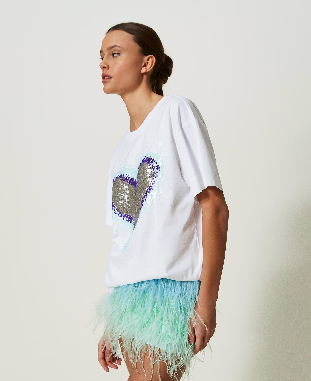 Oversize MYFO t-shirt with graphical pattern and sequins Heart Embroidery Woman 241AQ2190_11603_02