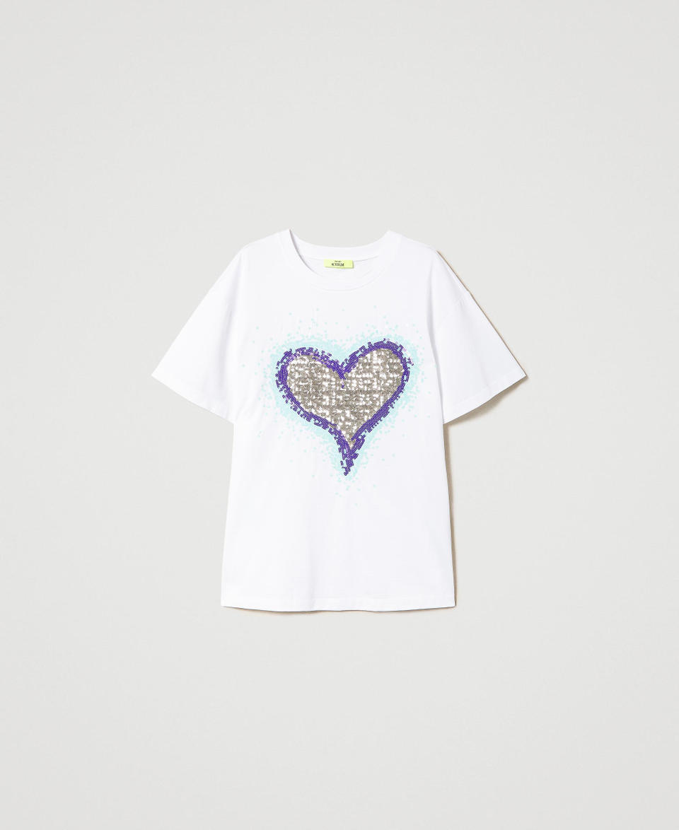 Oversize MYFO t-shirt with graphical pattern and sequins Heart Embroidery Woman 241AQ2190_11603_0S