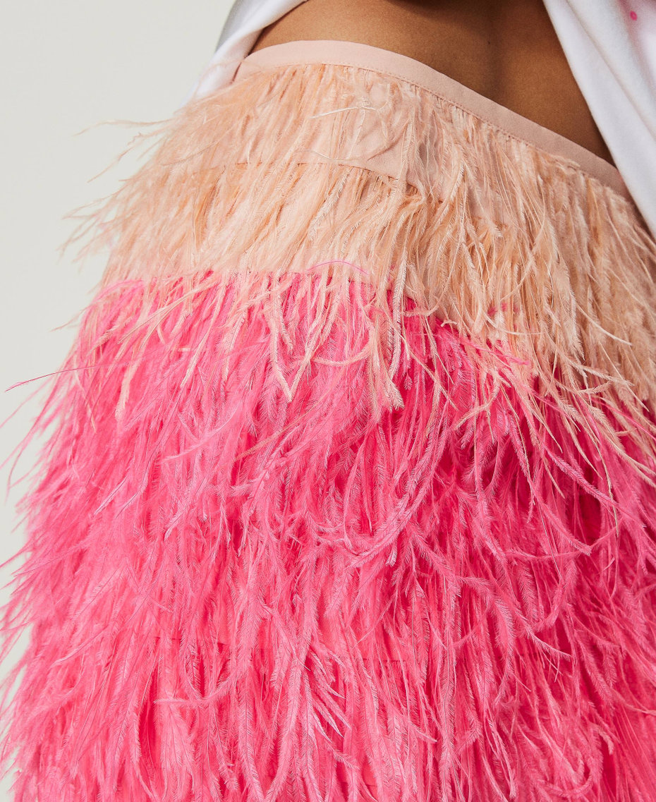 MYFO crêpe de Chine miniskirt with feathers Two-tone “Evening Sand” Beige / Neon Pink Woman 241AQ2210_11607_01