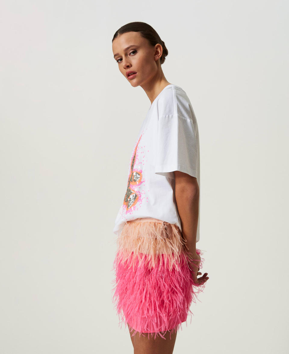 MYFO crêpe de Chine miniskirt with feathers Two-tone “Evening Sand” Beige / Neon Pink Woman 241AQ2210_11607_03