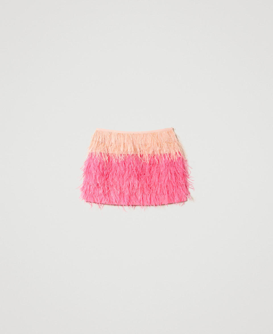 MYFO crêpe de Chine miniskirt with feathers Two-tone “Evening Sand” Beige / Neon Pink Woman 241AQ2210_11607_S0