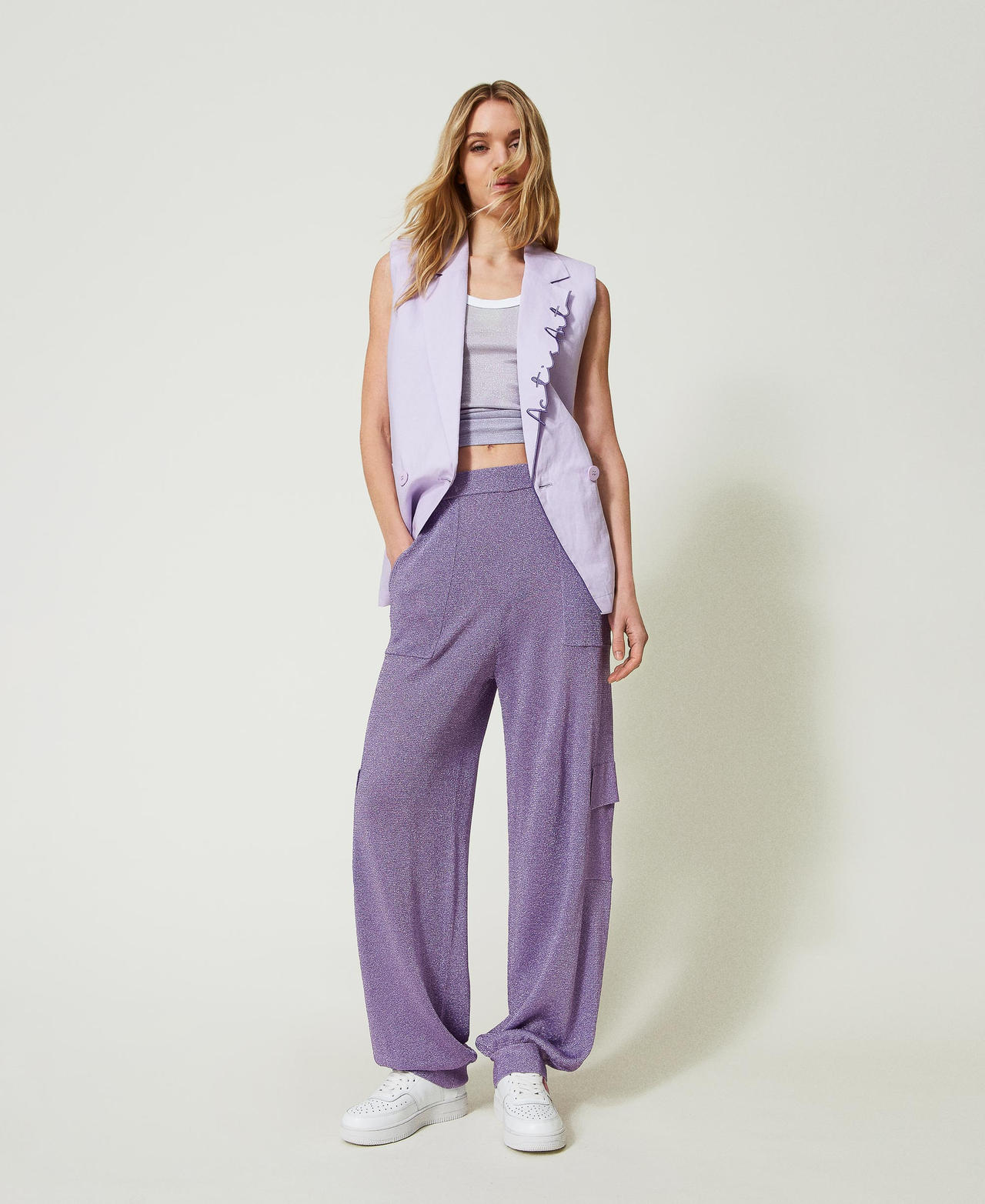 MYFO lurex knit cargo trousers Pastel Lilac Lurex Woman 241AQ3131_11594_02