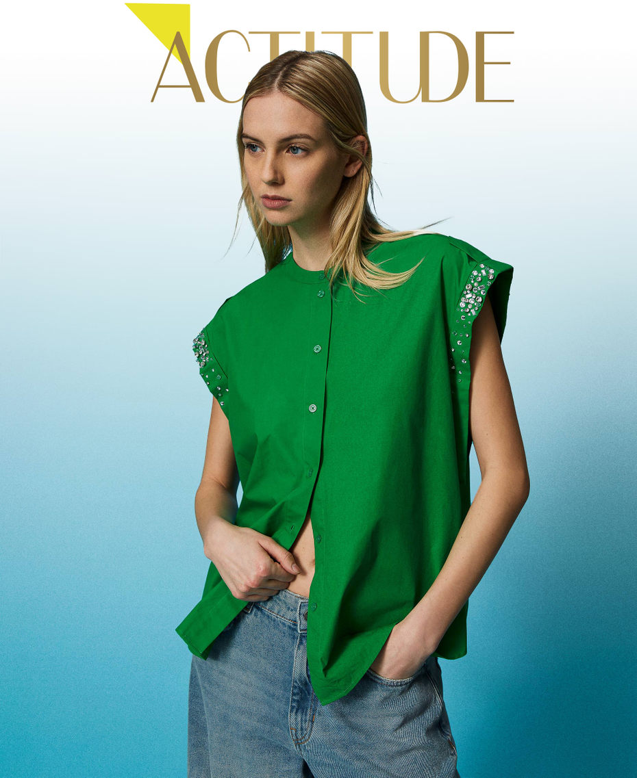 Camicia in popeline con ricami Verde "Fern Green" Donna 241AT2010_11512_01