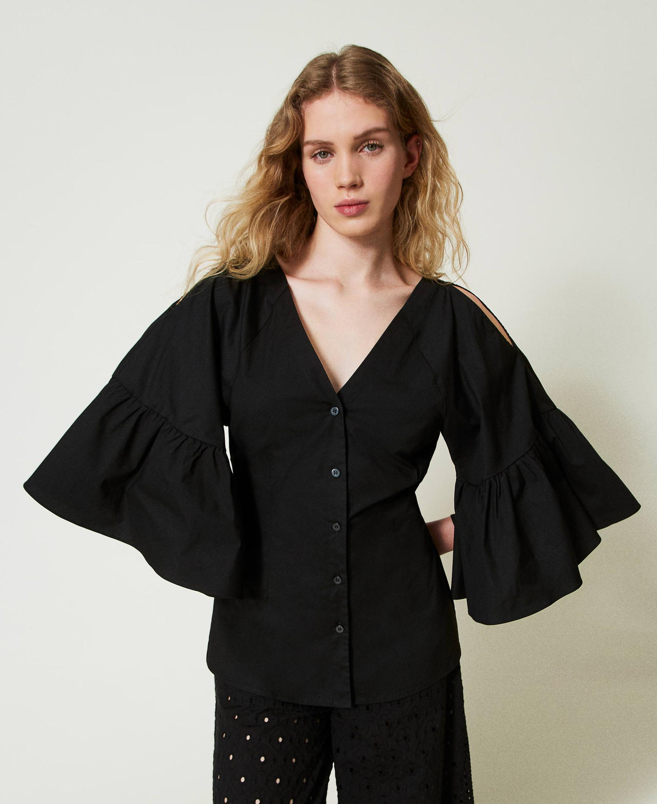 Poplin shirt with flounces Black Woman 241AT2020-02