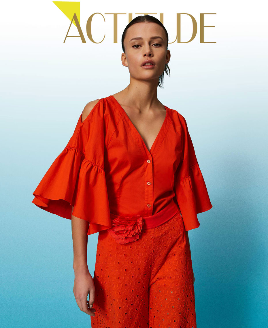 Camicia in popeline con balze Rosso "Scarlet Ibis" Donna 241AT2020_11514_01