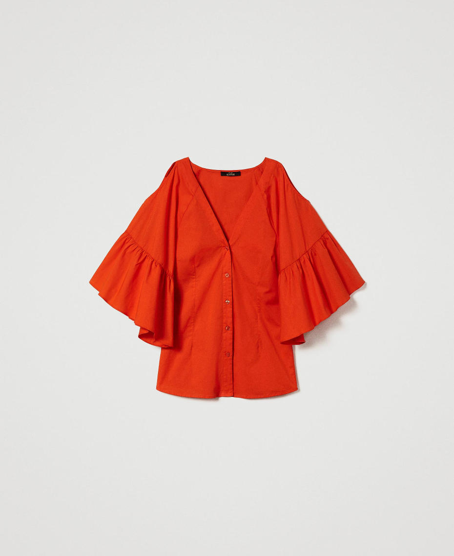 Popelinehemd mit Volants „Scarlet Ibis“-Rot Frau 241AT2020-0S