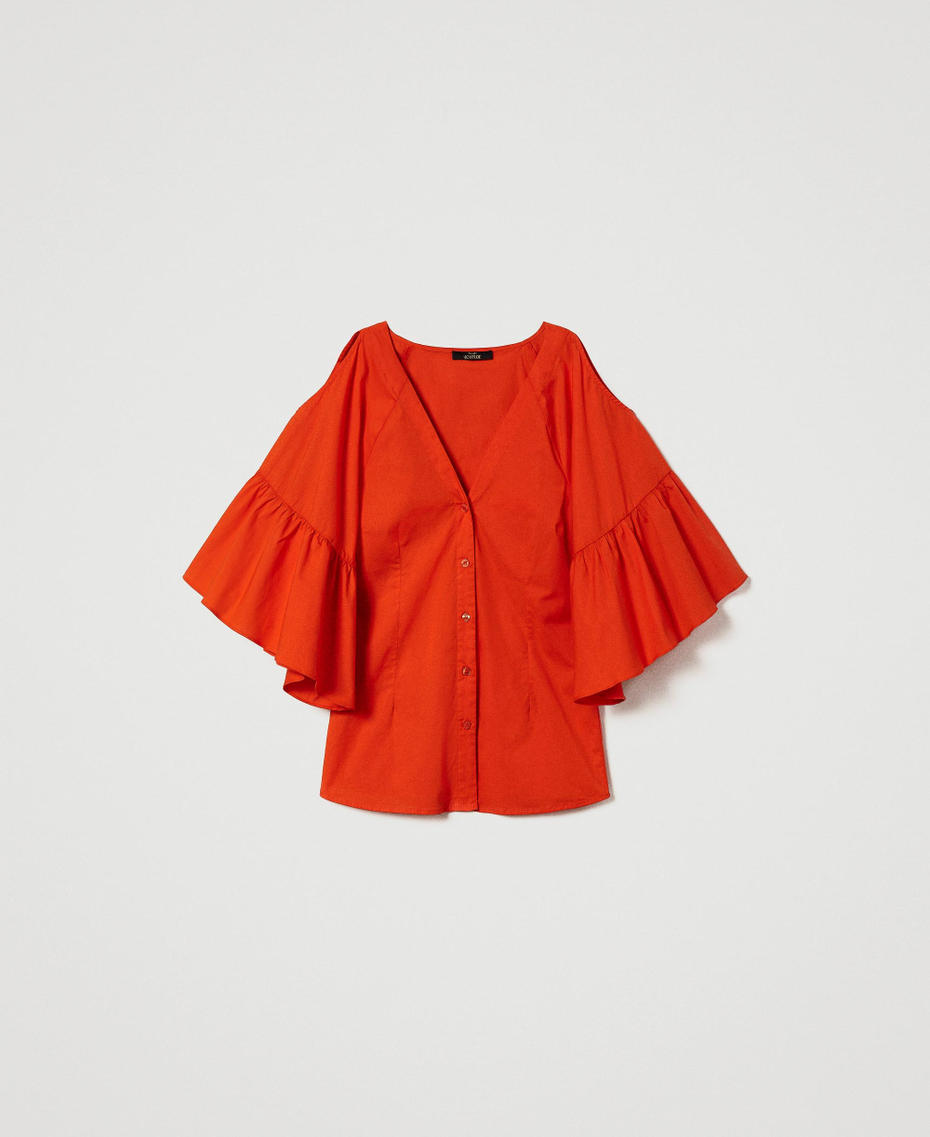 Camicia in popeline con balze Rosso "Scarlet Ibis" Donna 241AT2020_11514_S0