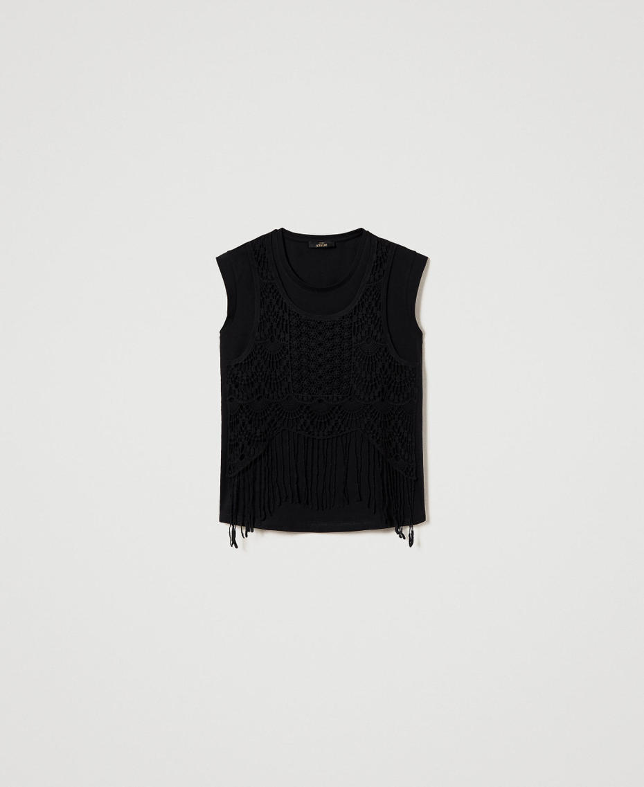 T-shirt with macramé and fringes Black Woman 241AT2041_00006_S0