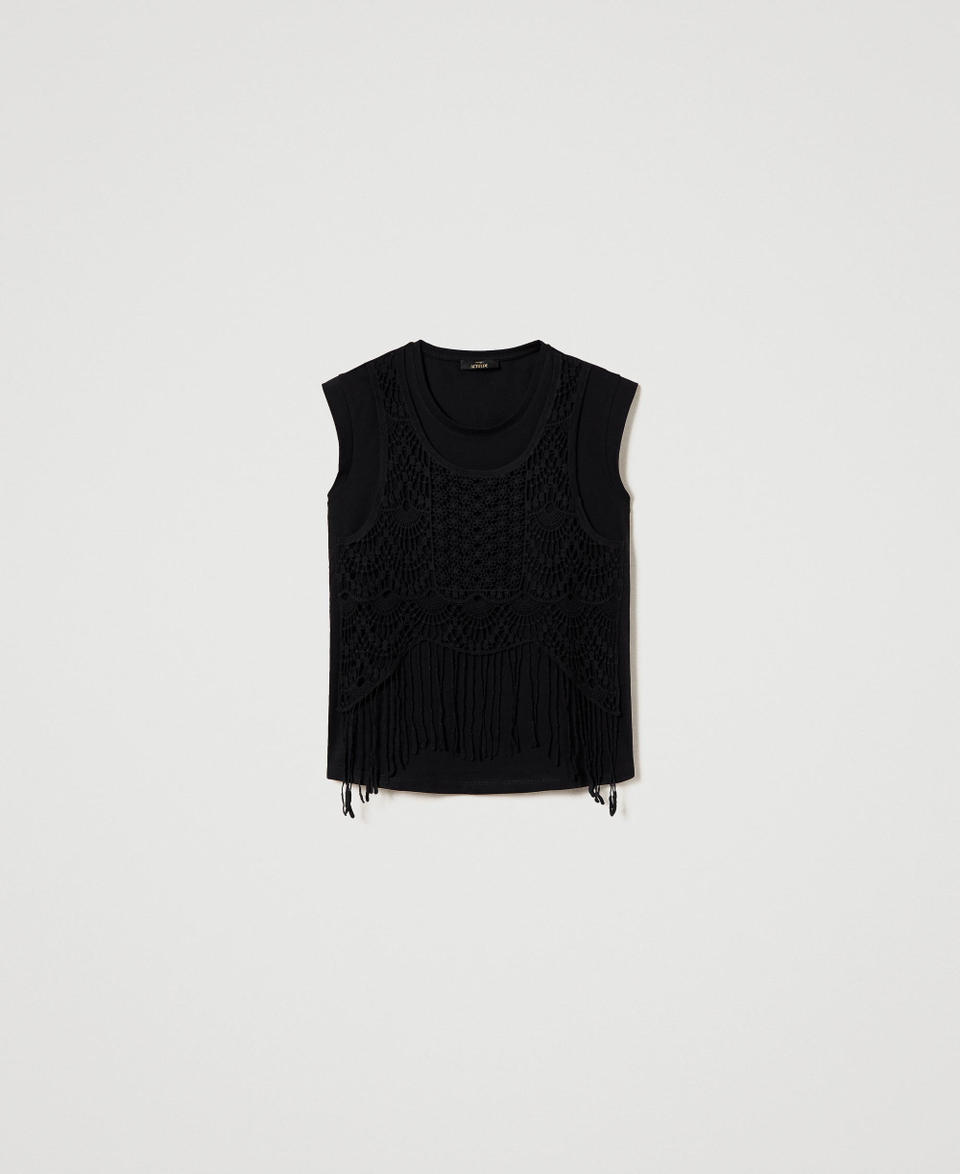 T-shirt with macramé and fringes Black Woman 241AT2041_00006_S0