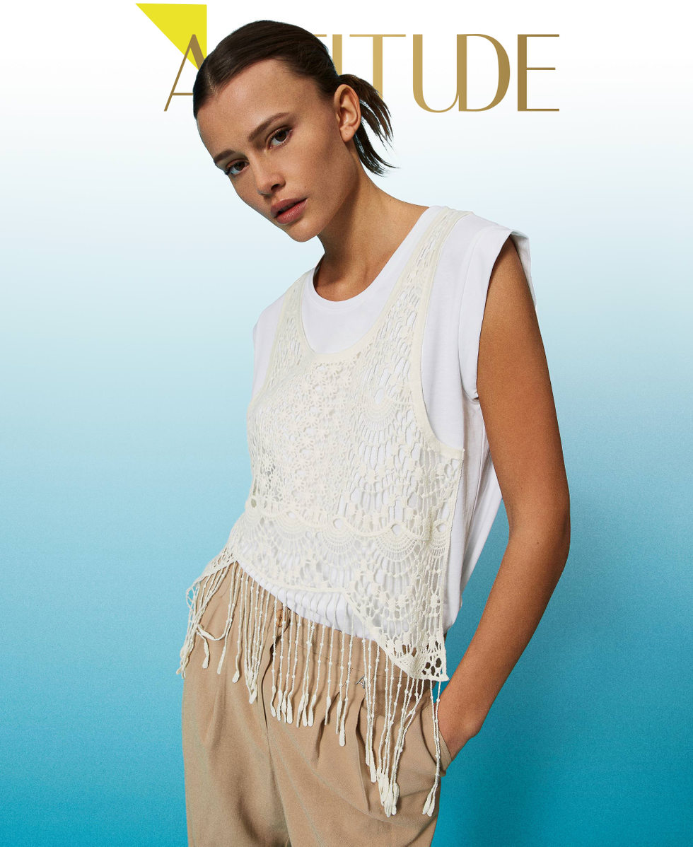 Camiseta con macrame y flecos Mujer Blanco TWINSET Milano