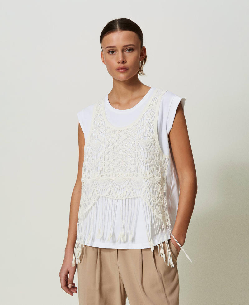 T-shirt with macramé and fringes Two-tone "Papyrus" White / Chantilly Woman 241AT2041_01884_02