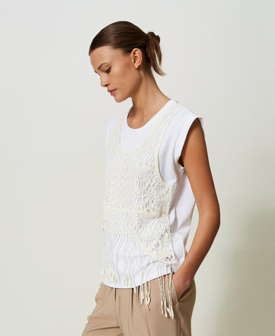 T-shirt with macramé and fringes Two-tone "Papyrus" White / Chantilly Woman 241AT2041-03