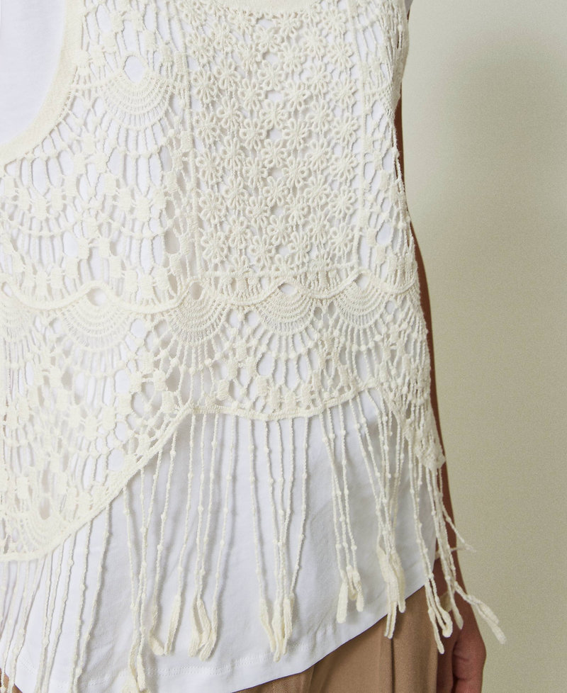 T-shirt with macramé and fringes Two-tone "Papyrus" White / Chantilly Woman 241AT2041-05