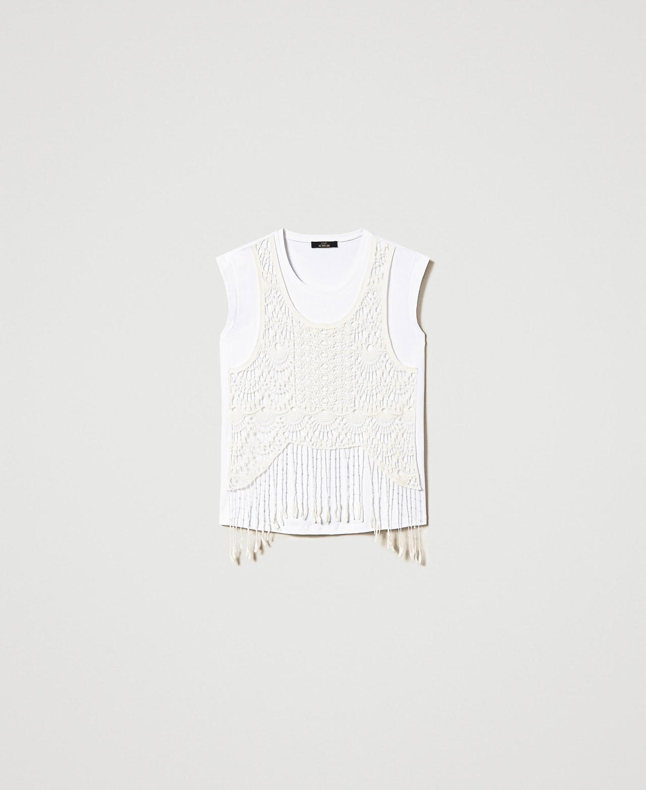 Camiseta con macramé y flecos Bicolor Blanco «Papiro» / Chantilly Mujer 241AT2041-0S