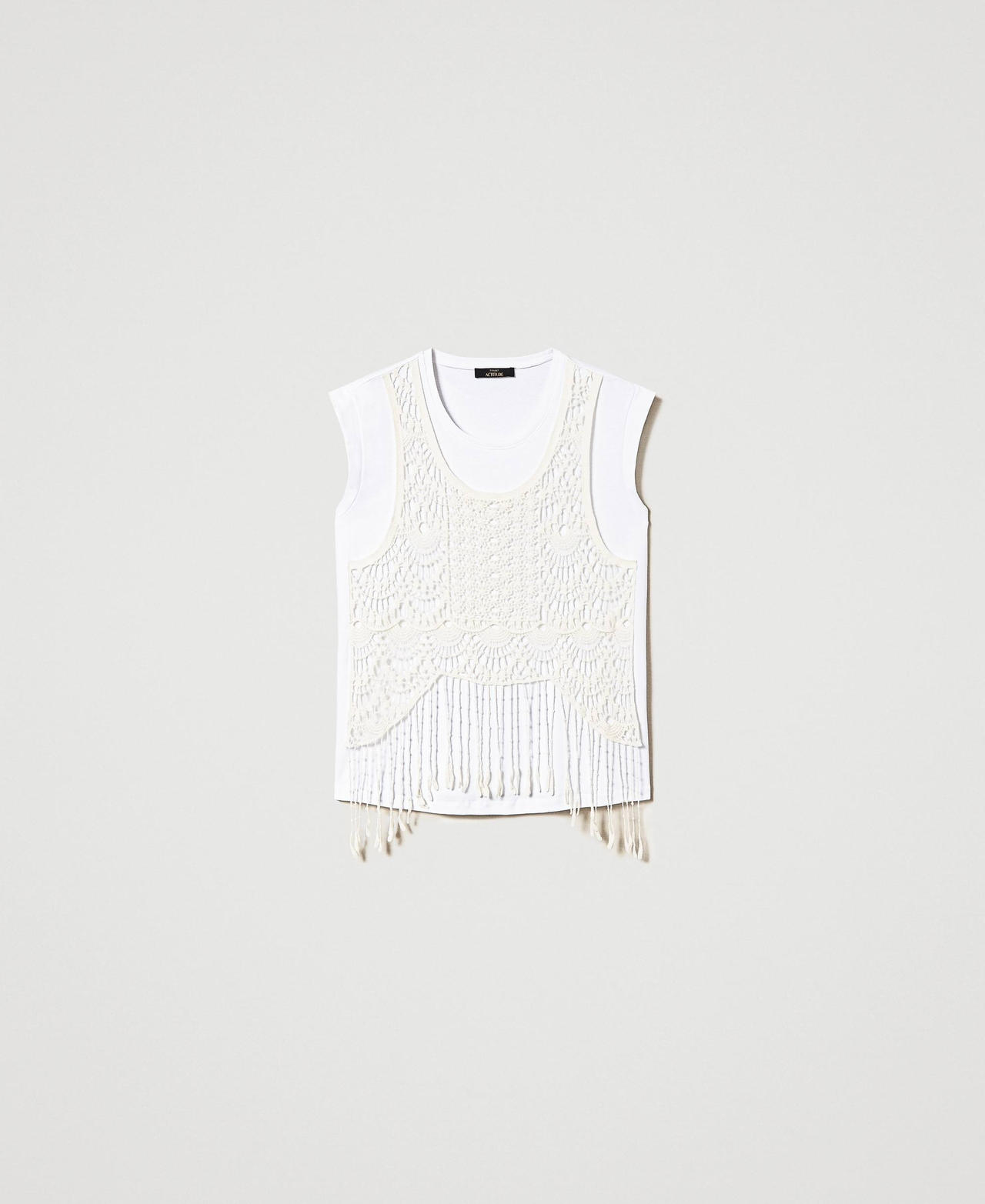 T-shirt with macramé and fringes Two-tone "Papyrus" White / Chantilly Woman 241AT2041_01884_0S