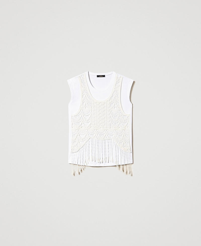 Camiseta con macramé y flecos Bicolor Blanco «Papiro» / Chantilly Mujer 241AT2041-0S