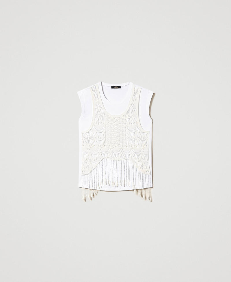 T-shirt with macramé and fringes Two-tone "Papyrus" White / Chantilly Woman 241AT2041_01884_0S