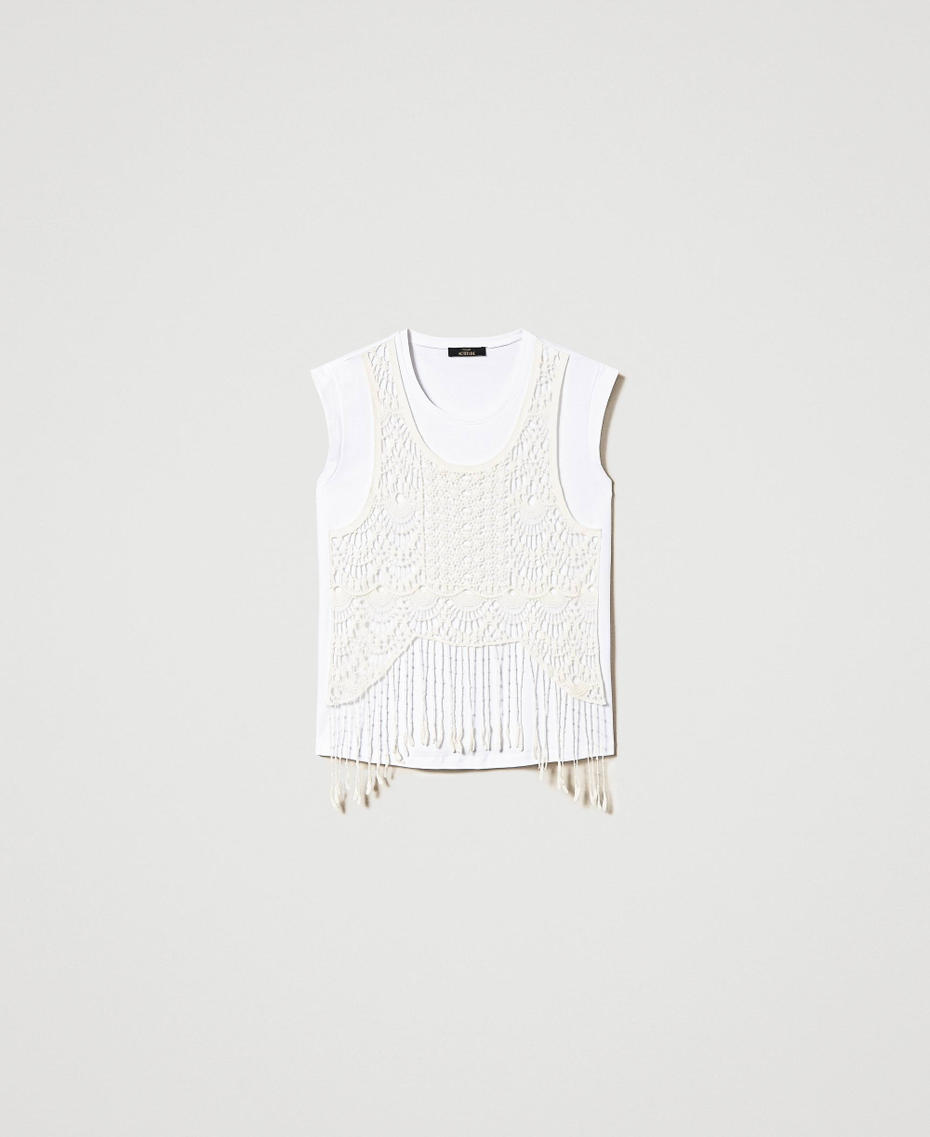 T-shirt with macramé and fringes Two-tone "Papyrus" White / Chantilly Woman 241AT2041_01884_S0