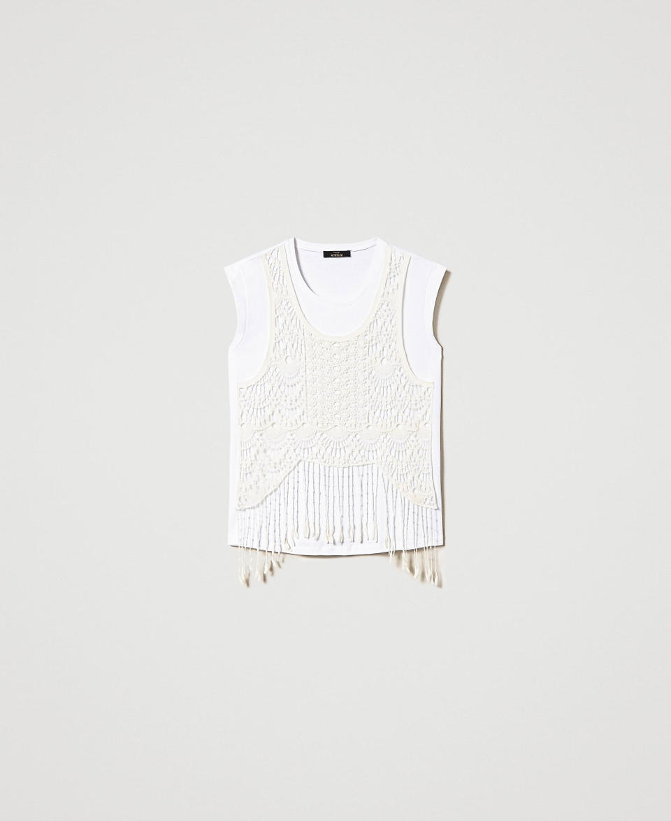 T-shirt with macramé and fringes Two-tone "Papyrus" White / Chantilly Woman 241AT2041_01884_S0