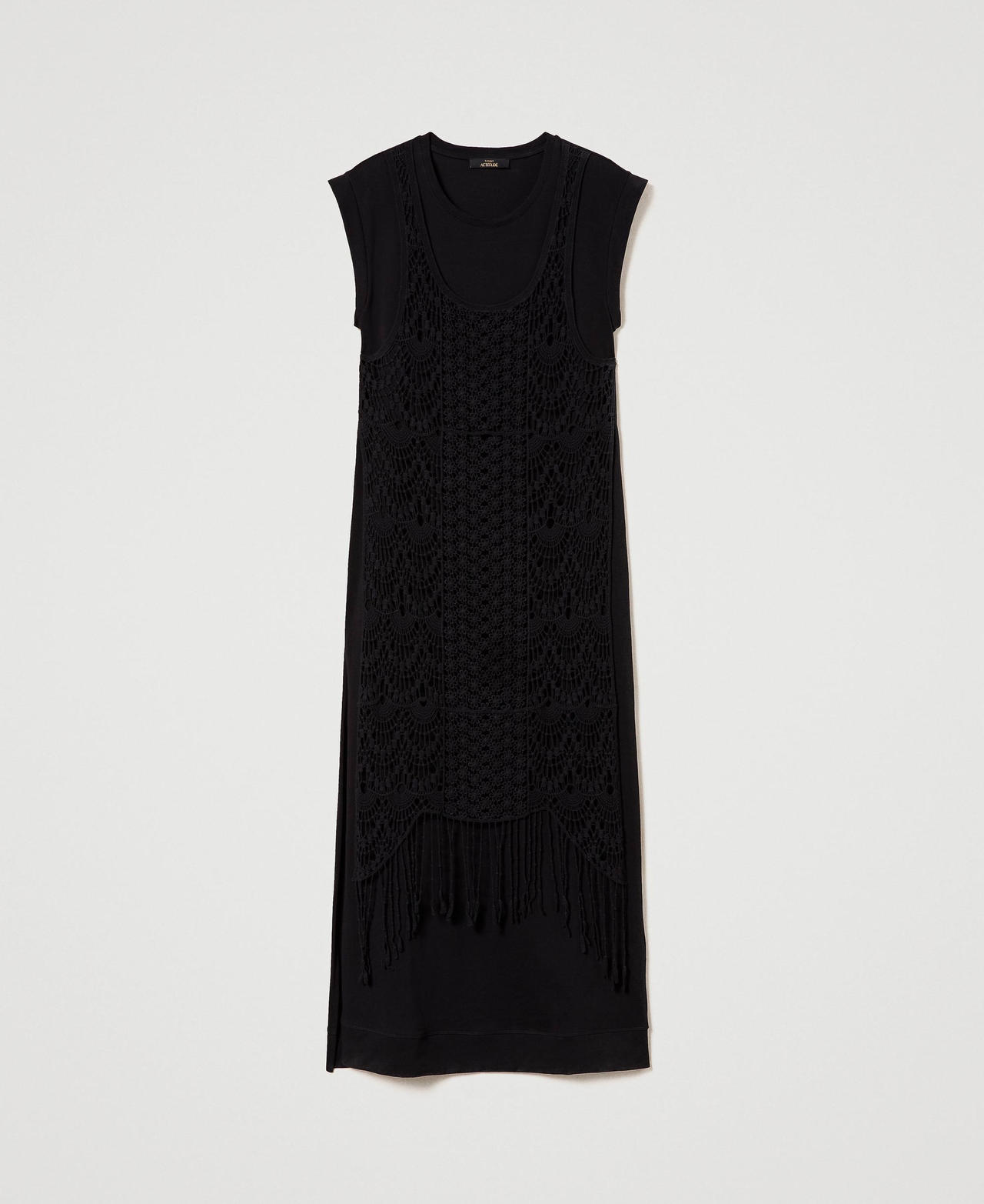 Long dress with macramé and slit Black Woman 241AT2042_00006_0S