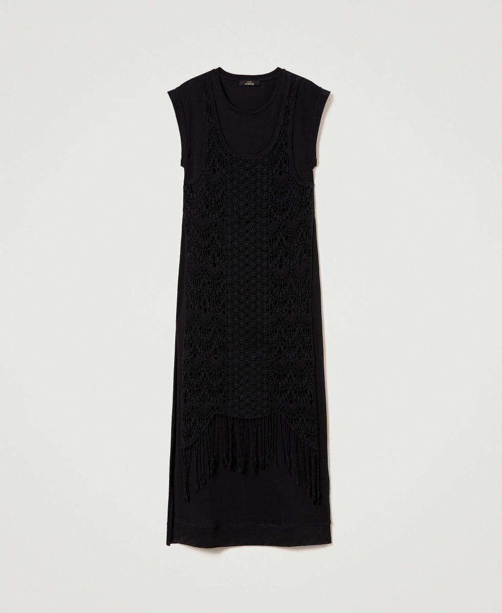 Long dress with macram&eacute; and slit Black Woman 241AT2042_00006_S0
