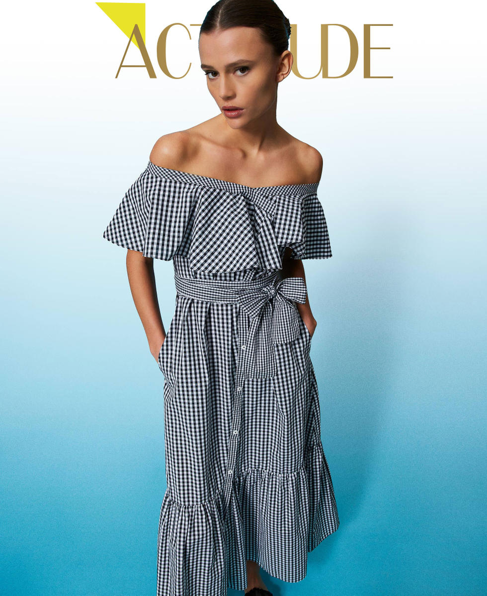 Robe longue Vichy avec volants Femme Blanc TWINSET Milano