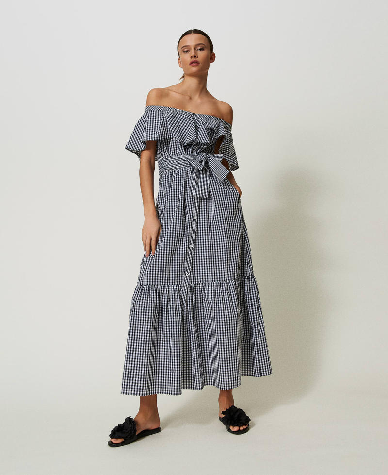 Long gingham dress with flounces Two-tone "Papyrus" White / Black Woman 241AT2060-02