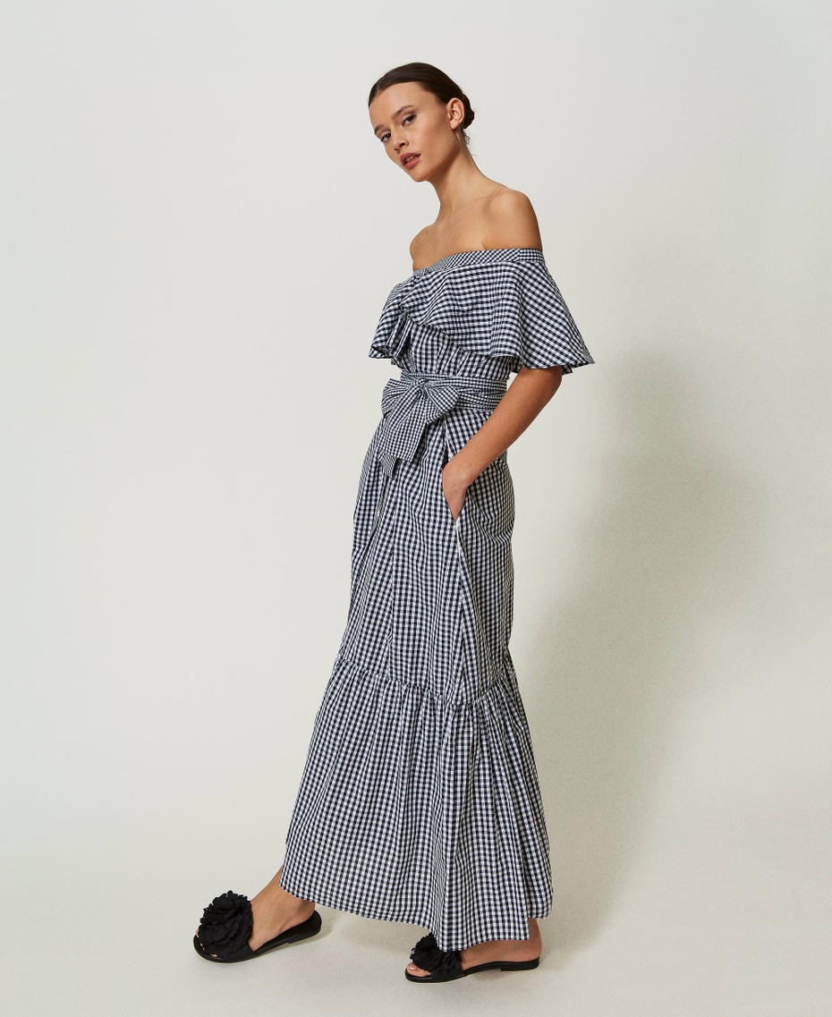 Long gingham dress with flounces Two-tone "Papyrus" White / Black Woman 241AT2060-03