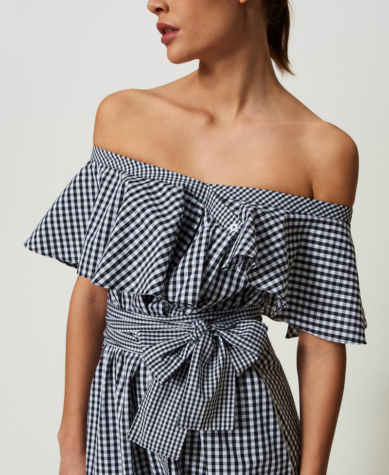 Long gingham dress with flounces Two-tone "Papyrus" White / Black Woman 241AT2060-05