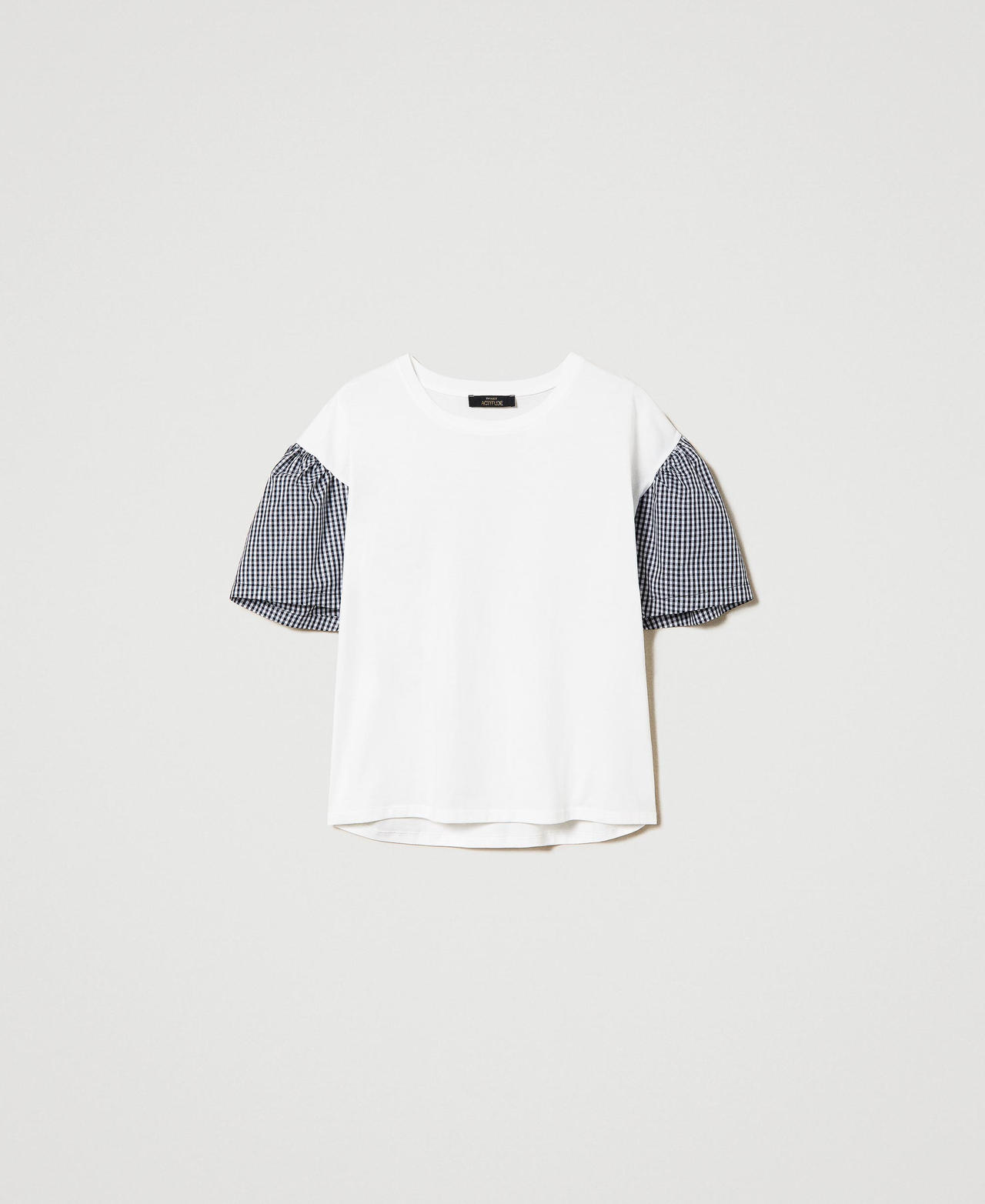 Camiseta estándar con mangas de Vichy Bicolor Blanco «Papiro» / Negro Mujer 241AT2064-0S