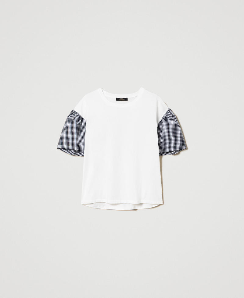 Camiseta estándar con mangas de Vichy Bicolor Blanco «Papiro» / Negro Mujer 241AT2064-0S