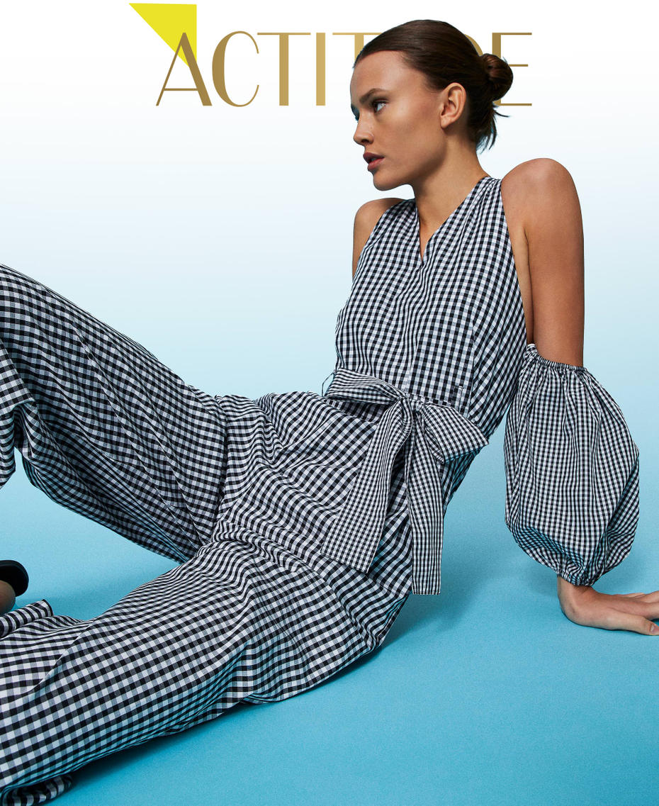 Long gingham jumpsuit with balloon sleeves Two-tone "Papyrus" White / Black Woman 241AT2065-01